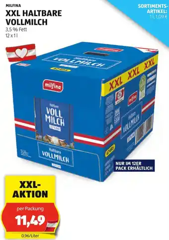 Hofer MILFINA XXL HALTBARE VOLLMILCH 12 x 1L Angebot
