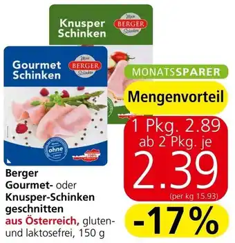 Spar Berger Gourmet- oder Knusper-Schinken geschnitten   150g Angebot