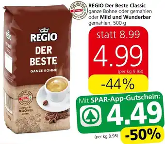 Spar REGIO Der Beste Classic ganze Bohne oder gemahlen oder Mild und Wunderbar gemahlen, 500 g Angebot