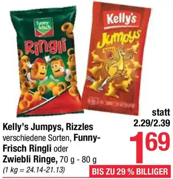 Maximarkt Kelly's Jumpys, Rizzles verschiedene Sorten, Funny- Frisch Ringli oder Zwiebli Ringe, 70 g - 80 g Angebot