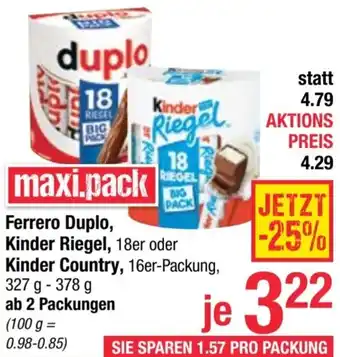 Maximarkt Ferrero Duplo, Kinder Riegel, 18er oder Kinder Country, 16er-Packung, 327 g - 378 g Angebot