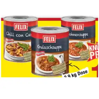 Maximarkt Felix Gulaschsuppe, Chili con Carne oder Bohnensuppe Maximarkt 2.90 Kilogramm 1 Dose Angebot