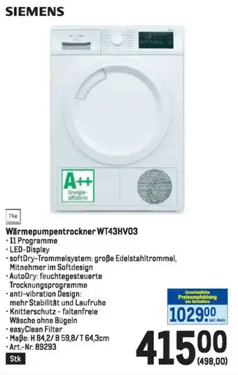 Metro Wärmepumpentrockner WT43HV03 Angebot