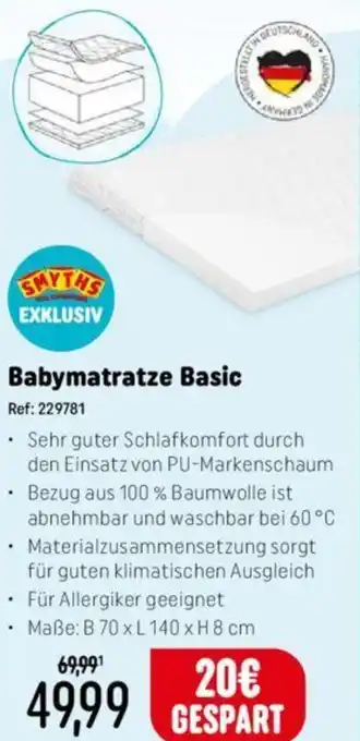 Babymatratze Basic ⚫ Maße: B 70 x L 140 x H 8 cm