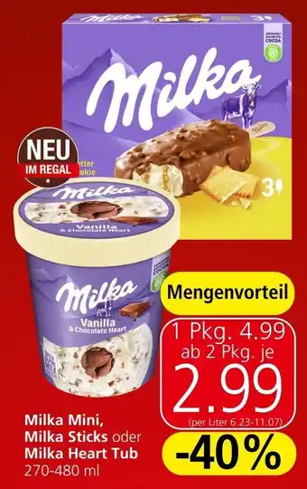 Spar Milka Mini, Milka Sticks oder Milka Heart Tub 270-480 ml Angebot