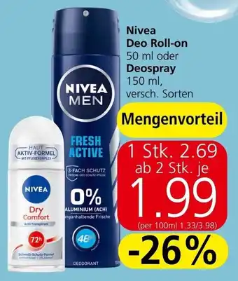 Spar Nivea Deo Roll-on 50 ml oder Deospray 150 ml Angebot