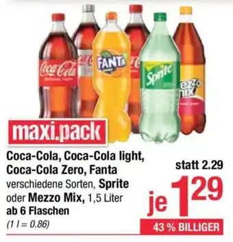 Maximarkt Coca-Cola, Coca-Cola light, Coca-Cola Zero, Fanta verschiedene Sorten, Sprite oder Mezzo Mix, 1.5 Liter Angebot