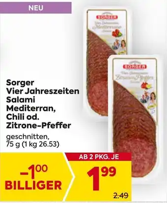 Billa Sorger Vier Jahreszeiten Salami Mediterran, Chili od. Zitrone-Pfeffer 75g Angebot