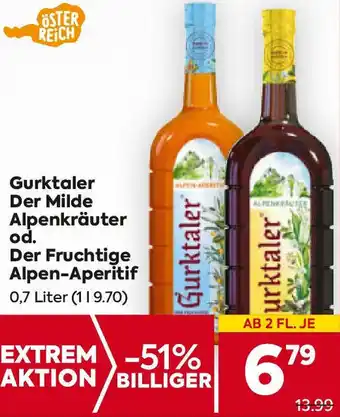 Billa Gurktaler Der Milde Alpenkräuter od. Der Fruchtige Alpen-Aperitif Angebot