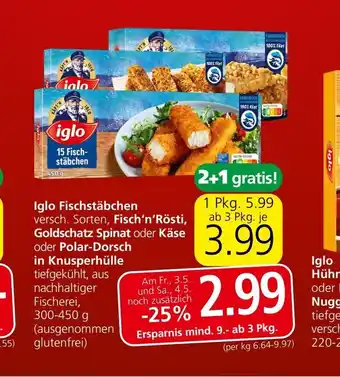 Spar Iglo Fischstäbchen Fisch'n'Rösti, Goldschatz Spinat oder Käse oder Polar-Dorsch in Knusperhülle 300-450 g Angebot
