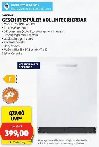 Hofer SAMSUNG GESCHIRRSPÜLER VOLLINTEGRIERBAR Angebot