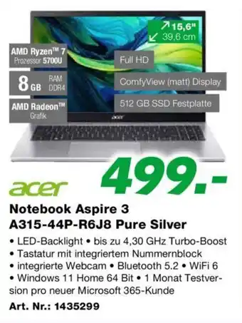 EP Notebook Aspire 3 A315-44P-R6J8 Pure Silver Angebot