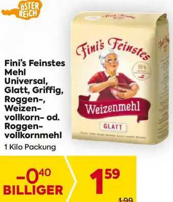 Billa Fini's Feinstes Mehl Universal, Glatt, Griffig, Roggen-, Weizen- vollkorn- od. Roggen- vollkornmehl 1 Kilo Angebot