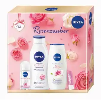 dm Nivea Geschenkset Rosenzauber Dusche, 250 ml Body Lotion, 400 ml Deo Roll-on, 50 ml Labello Lippenpflege 4,8 g dm 1 Set Angebot