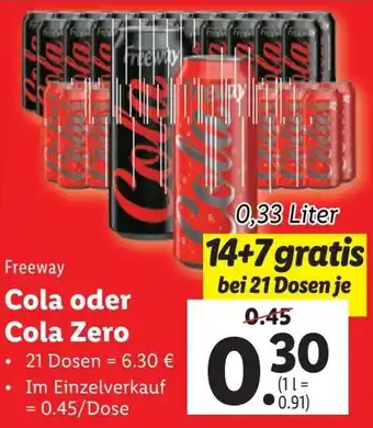 Lidl Freeway Cola oder Cola Zero 0.33 Liter Angebot