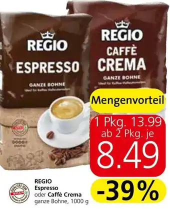 Spar REGIO Espresso oder Caffè Crema ganze Bohne, 1000 g Angebot