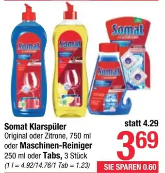 Maximarkt Somat Klarspüler Original oder Zitrone, 750 ml oder Maschinen-Reiniger 250 ml oder Tabs, 3 Stück Angebot