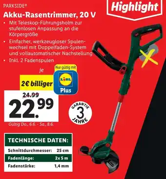 Lidl PARKSIDE Akku-Rasentrimmer, 20 V Angebot