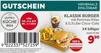 Billa KLASSIK BURGER mit Pommes frites & 0,3 Liter Coca-Cola Angebot