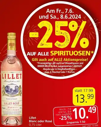 Spar Lillet Blanc oder Rosé 0,75 Liter Angebot