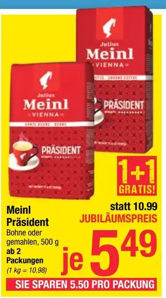 Maximarkt Meinl Präsident Bohne oder gemahlen, 500 g Angebot