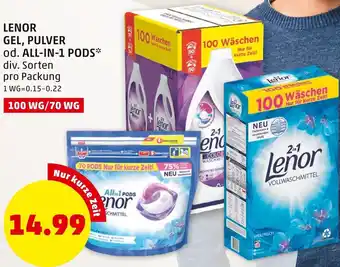 PENNY Lenor Gel Pulver Od. All in 1 Pods 100 Wg/70 Wg Angebot