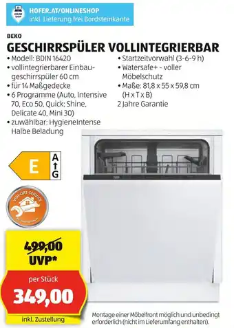 Hofer GESCHIRRSPÜLER VOLLINTEGRIERBAR Angebot