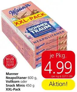 Spar Manner Neapolitaner 600 g, Vollkorn oder Snack Minis 450 g XXL-Pack Angebot