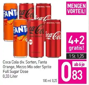 Sutterlüty Coca Cola div Sorten Fanta Orange Mezzo Mix oder Sprite Full Sugar Dose Angebot