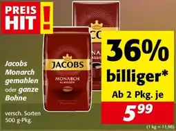 Nah&Frisch Jacobs Monarch gemahlen oder ganze Bohne 500g Angebot
