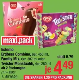 Maximarkt Eskimo Erdbeer Combino, 6er, 450 ml, Family Mix, 6er, 387 ml oder Twister Monstaahh, 4er, 280 ml Angebot