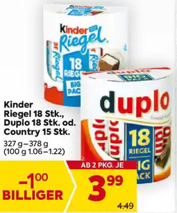Billa Kinder Riegel 18 Stk., Duplo 18 Stk. od. Country 15 Stk. 327g-378g Angebot