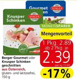 Spar Berger Gourmet oder Knusper Schinken geschnitten 150g Angebot