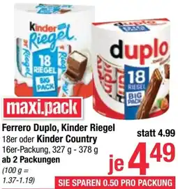 Maximarkt Ferrero Duplo, Kinder Riegel 18er oder Kinder Country 327g-378g Angebot