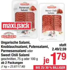 Maximarkt Ungarische Salami, Knoblauchsalami, Putensalami, Parmesansalami oder Sweet Chili Salami 75g oder 100g Angebot