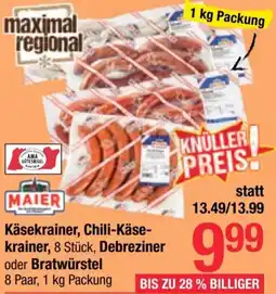 Maximarkt Käsekrainer, Chili-Käse- krainer, 8 Stück, Debreziner oder Bratwürstel 8 Paar, 1 kg Angebot