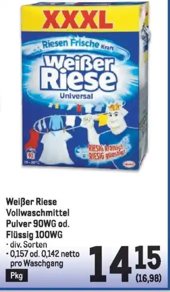 Metro Weißer Riese Vollwaschmittel Pulver 90WG od. Flüssig 100WG Angebot