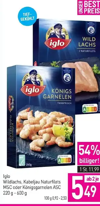 Sutterlüty Iglo Wildlachs, Kabeljau Naturfilets MSC oder Königsgarnelen ASC Angebot