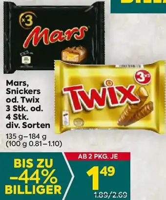 Billa Mars, Snickers od. Twix 3 Stk. od. 4 Stk. Angebot