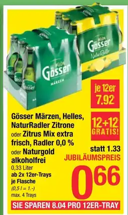 Maximarkt Gösser Märzen, Helles, NaturRadler Zitrone oder Zitrus Mix extra frisch, Radler 0,0% oder Naturgold alkoholfrei Angebot