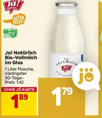 Billa Ja! Natürlich Bio-Vollmilch im Glas Angebot