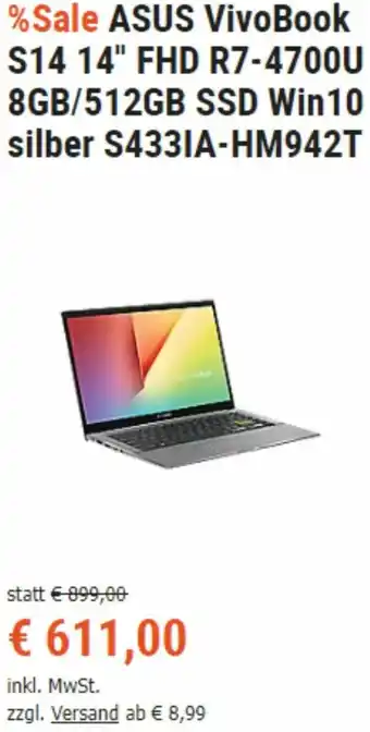Cyberport Asus VivoBook S14 14" FHD R7-4700U 8Gb/512Gb SSD Win10 Silber S433IA-HM942T Angebot