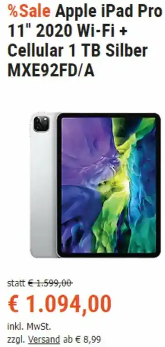 Cyberport Apple iPad Pro 11" 2020 Wi-Fi + Cellular 1 TB Silber MXE92FD/A Angebot