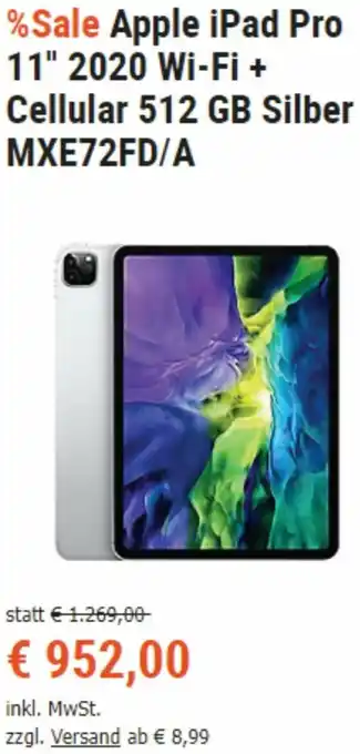 Cyberport Apple iPad Pro 11" 2020 Wi-Fi + Cellular 512 GB Silber MXE72FD/A Angebot