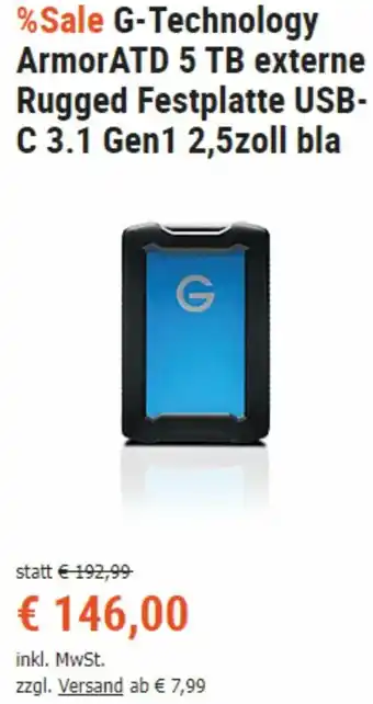 Cyberport G-Technology ArmorATD 5 TB Externe Rugged Festplatte USAB-C 3.1 Gen1 2,5zoll Bla Angebot