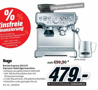 Media Markt Sage Barista Express SES 875 Espresso Siebträgermaschine Angebot