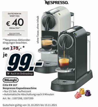 Media Markt DeLonghi Citiz EN 167 Nespresso Kapselmaschine Angebot