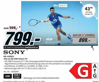 Media Markt Sony KD-43X85J 108 cm 4K UHD Smart TV Angebot