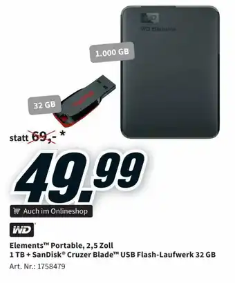 Media Markt WD Elements Portable 2,5 Zoll 1TB+SanDisk Cruzer Blade USB Flash Laufwerk 32GB Angebot
