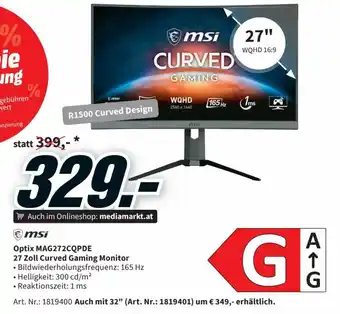 Media Markt MSi Optix MAG272CQPDE 27 Zoll Curved Gaming Monitor Angebot